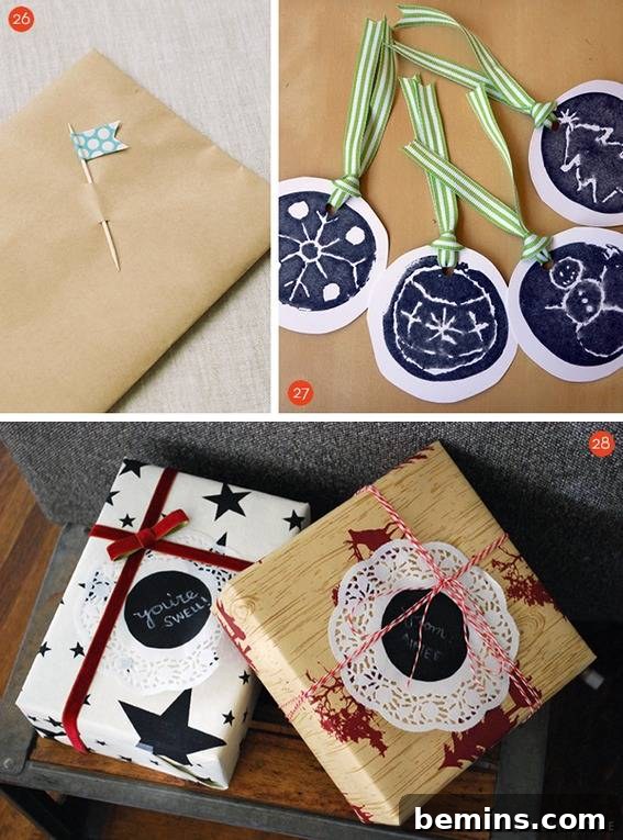 35 Handmade Holiday Gift Tag and Topper Inspirations 10 Selection of handmade holiday gift tags, including stamped designs and natural embellishments