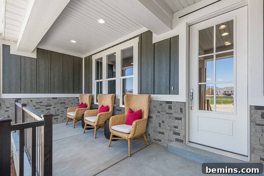Gray brick wainscoting on outside patio with wicker patio furniture