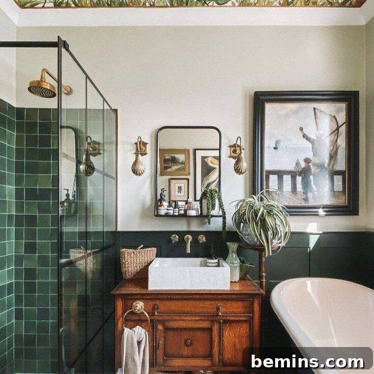 Green wainscoting and green shower tile
