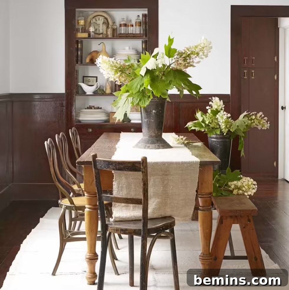 Rustic dark wood wainscoting in dining room