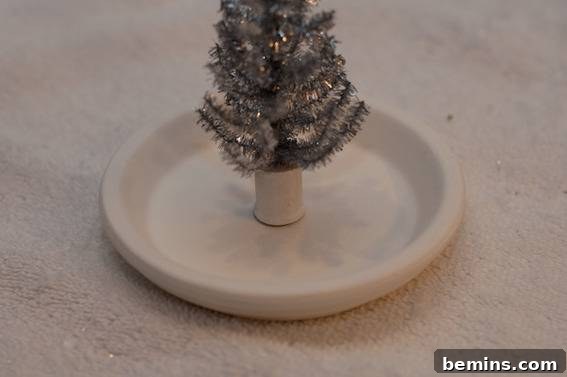 How to Craft a Tiny Tinsel Tree Snow Globe 6 Painted Saucer with Tree Attached