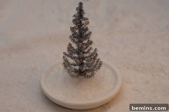 How to Craft a Tiny Tinsel Tree Snow Globe 7 Faux Snow Added to the Saucer