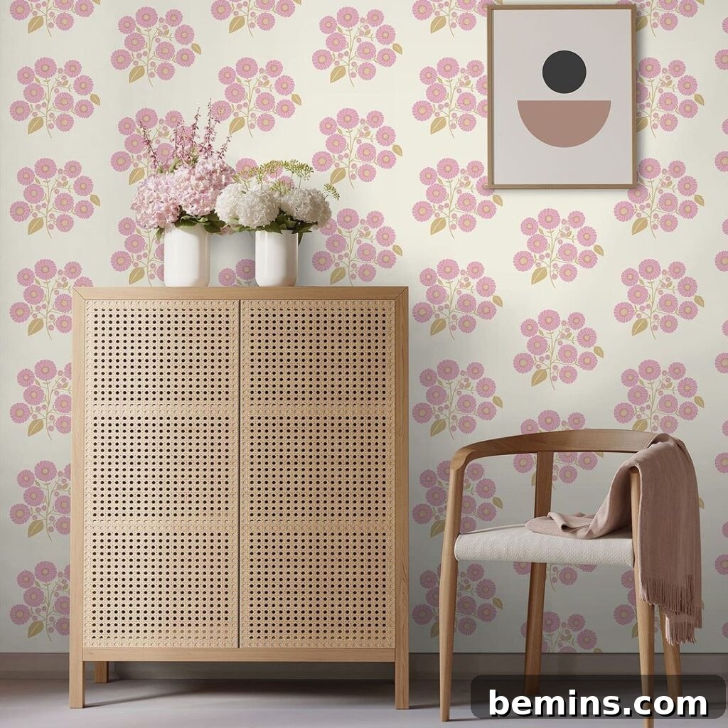 Budget Bedroom Wallpaper: Stylish Upgrades That Won't Break the Bank 12 Pink flowers peel-and-stick wallpaper adding a touch of whimsy to a bedroom