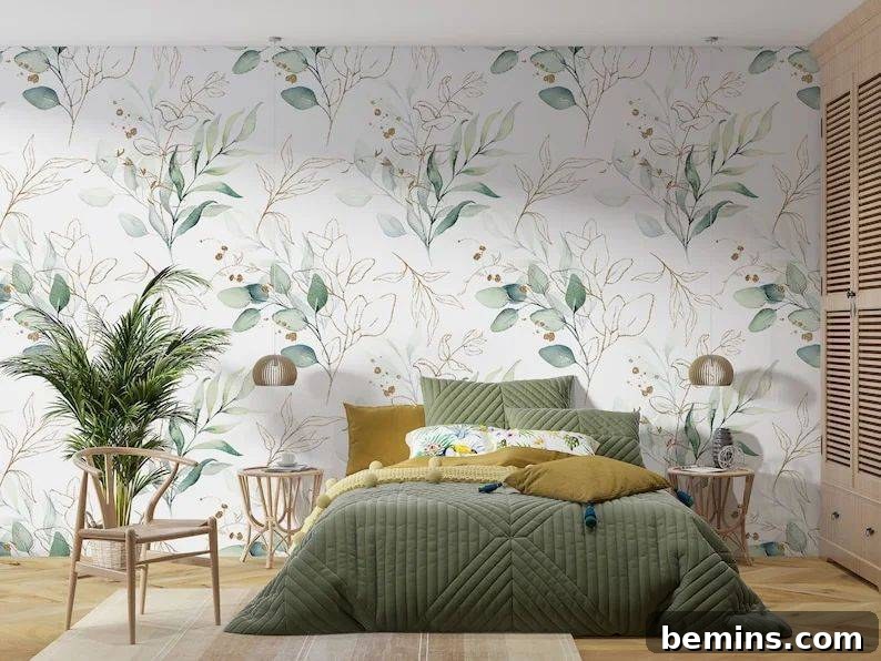 Budget Bedroom Wallpaper: Stylish Upgrades That Won't Break the Bank 15 Green leaves floral wallpaper behind a bed creating a natural ambiance