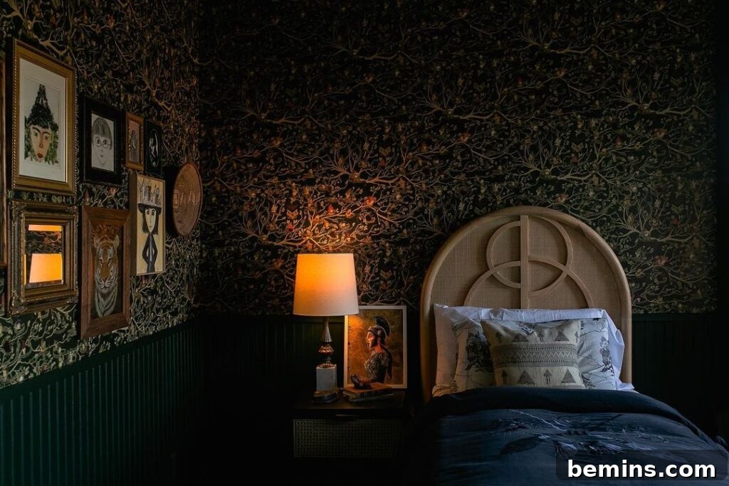 Budget Bedroom Wallpaper: Stylish Upgrades That Won't Break the Bank 18 Dark bedroom with dark wallpaper and a cozy, intimate setting
