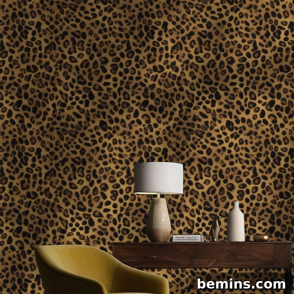 Budget Bedroom Wallpaper: Stylish Upgrades That Won't Break the Bank 22 Leopard print wallpaper with wooden table and green chair in a maximalist setting