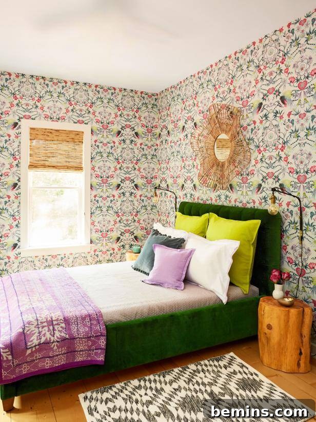 Budget Bedroom Wallpaper: Stylish Upgrades That Won't Break the Bank 23 Colorful geometric wallpaper in maximalist design behind a green twin bed