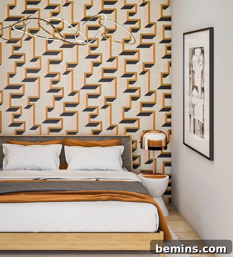 Budget Bedroom Wallpaper: Stylish Upgrades That Won't Break the Bank 6 Orange and black geometric wallpaper adding a modern touch to a bedroom