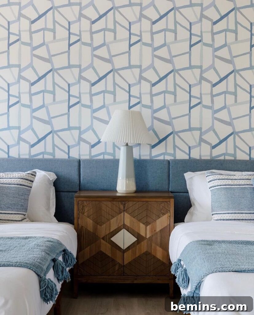 Budget Bedroom Wallpaper: Stylish Upgrades That Won't Break the Bank 7 Blue geometric wallpaper creating a playful and stylish bedroom for twins