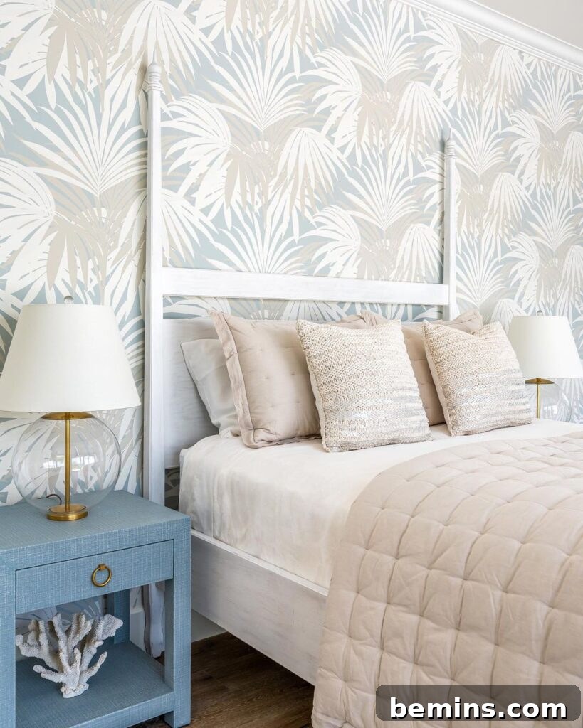 Budget Bedroom Wallpaper: Stylish Upgrades That Won't Break the Bank 8 White palm leaves on neutral wallpaper creating a calming bedroom environment
