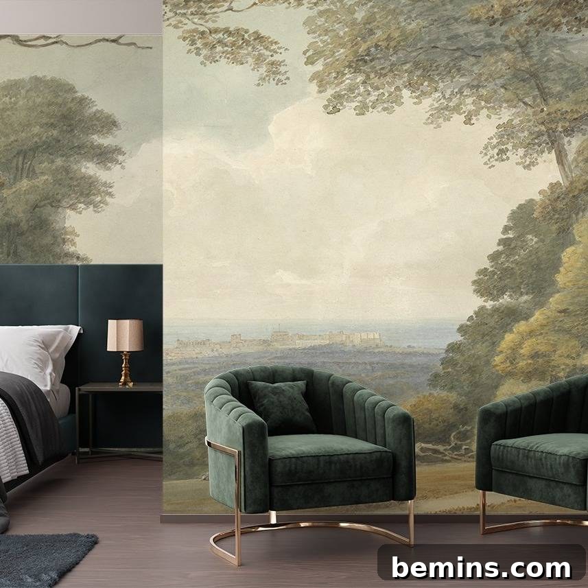 Budget Bedroom Wallpaper: Stylish Upgrades That Won't Break the Bank 10 Tree and water mural wallpaper creating a serene bedroom atmosphere