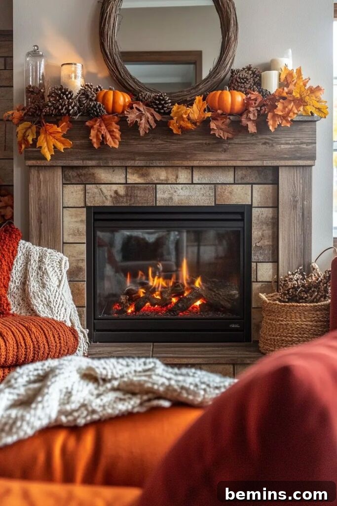 Embrace Autumn: 20+ Chic Mantel Decor Ideas 2 Brick mantel with orange and brown leaf garland in living room