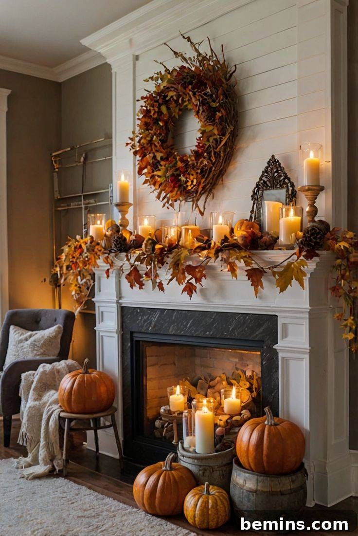 Embrace Autumn: 20+ Chic Mantel Decor Ideas 11 White mantel with orange leaf garland and orange fall wreath.