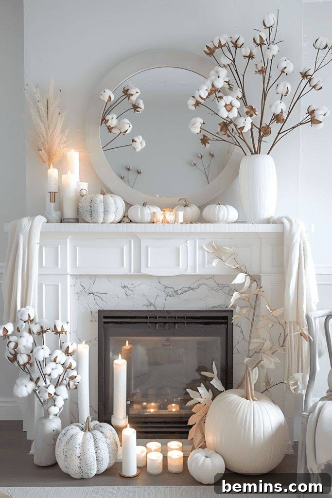 Embrace Autumn: 20+ Chic Mantel Decor Ideas 12 White mantel with white pumpkins and white candles