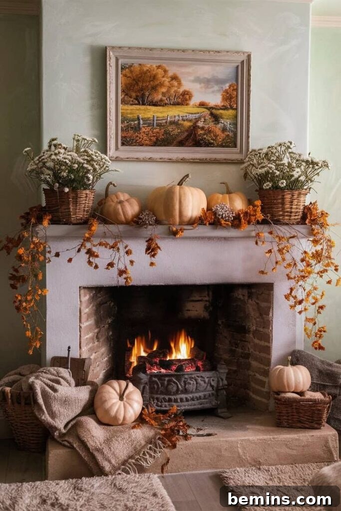 Embrace Autumn: 20+ Chic Mantel Decor Ideas 3 White mantel over lit fireplace with pumpkins and orange leaves