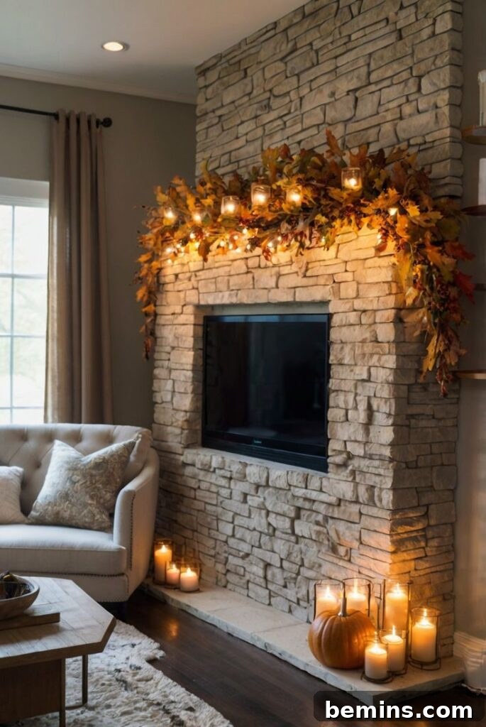 Embrace Autumn: 20+ Chic Mantel Decor Ideas 4 Mantel with large natural leaf garland and white candles