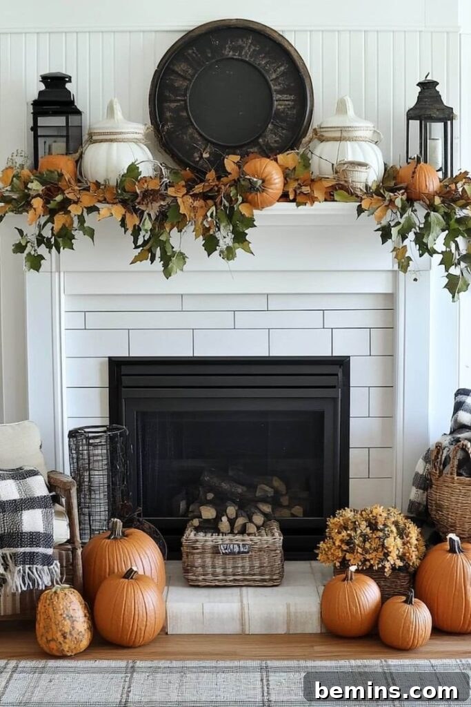 Embrace Autumn: 20+ Chic Mantel Decor Ideas 6 White mantel with six orange pumpkins and green leaf garland