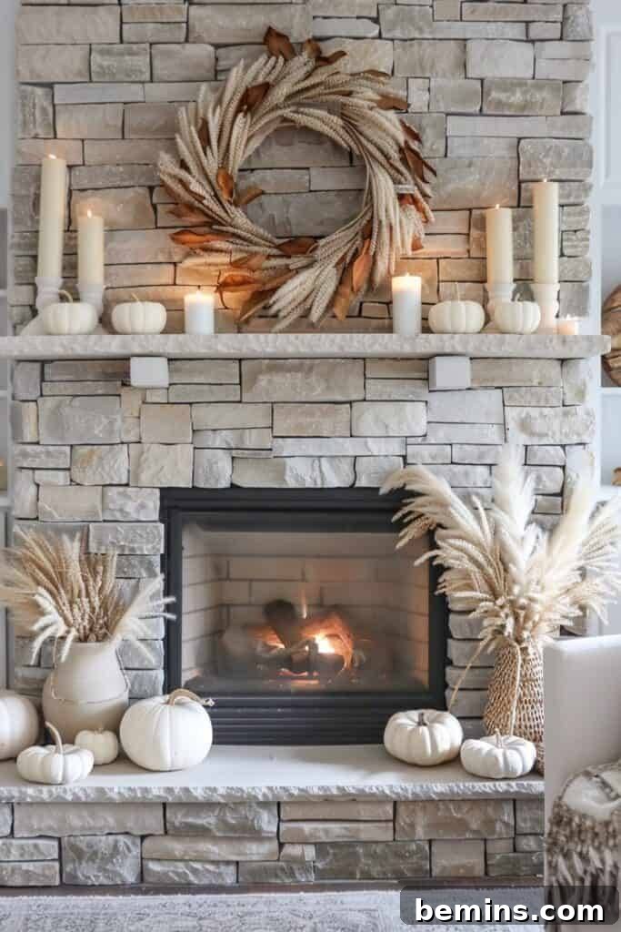 Embrace Autumn: 20+ Chic Mantel Decor Ideas 8 Grey brick mantel with colorful wheat stalk wreath