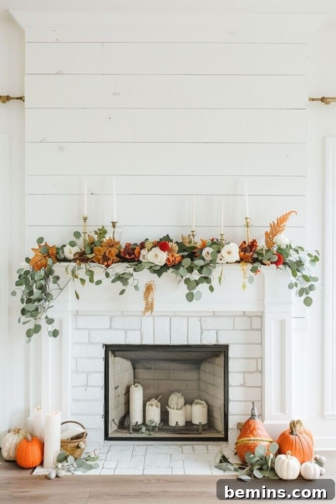 Embrace Autumn: 20+ Chic Mantel Decor Ideas 9 White brick mantel with white candles on top and inside of fireplace.