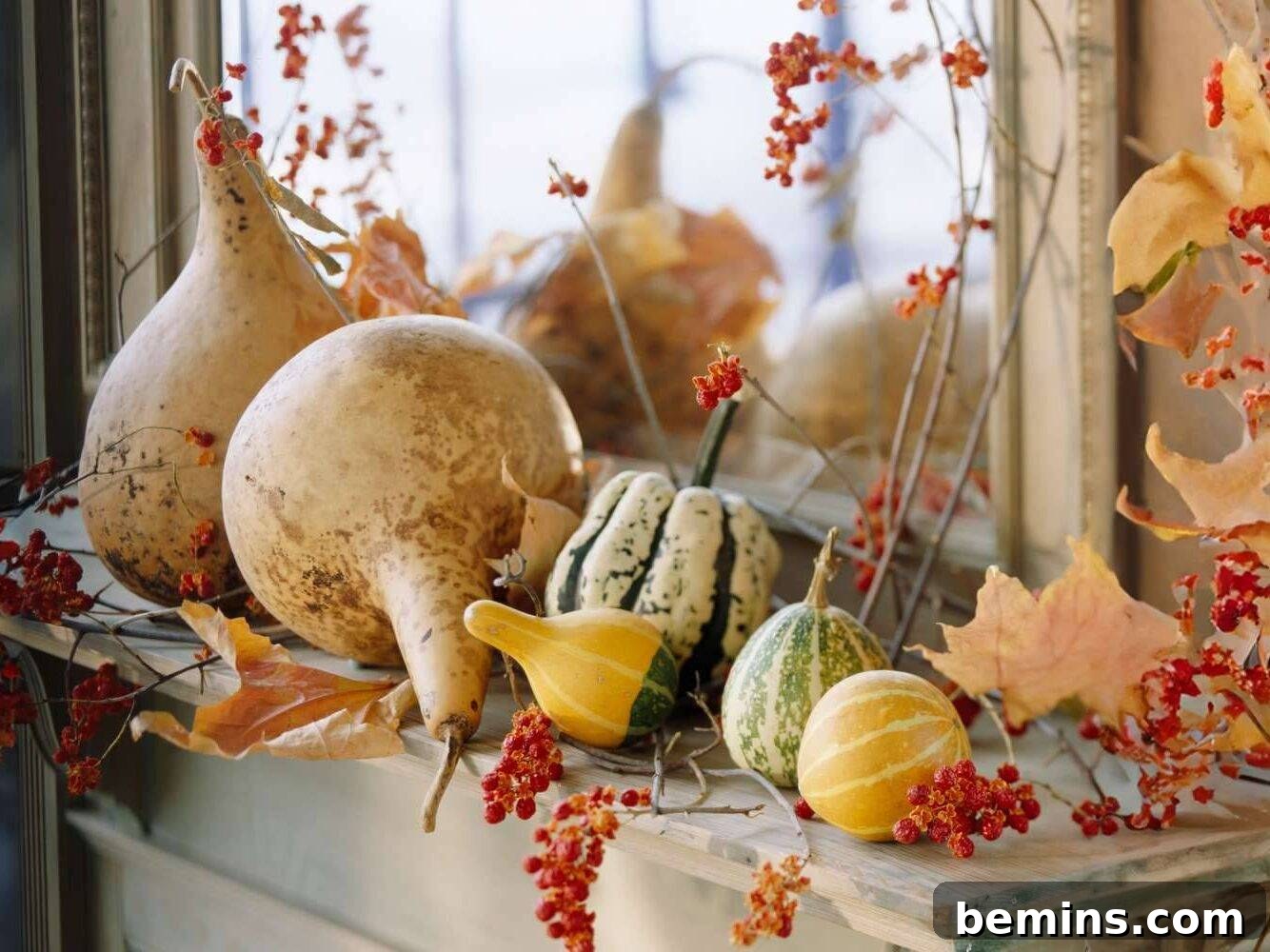 Embrace Autumn: 20+ Chic Mantel Decor Ideas 10 Assorted gourds on white mantel in green, yellow and beige.