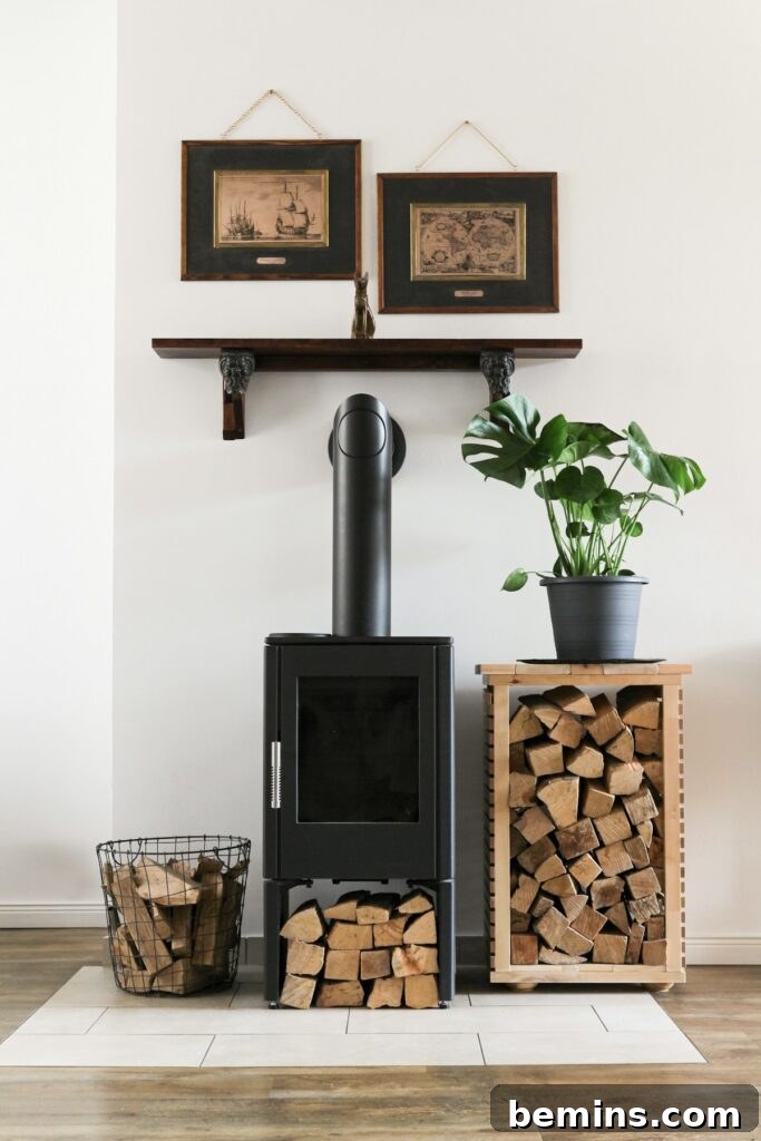 Elegant black fireplace with a brown woven basket filled with firewood beside it.