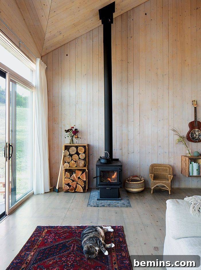 Vintage fireplace with stacks of wood neatly arranged inside reclaimed wood boxes beside it.