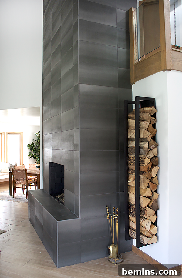 Metal floating firewood holder with stacks of firewood inside, mounted on a wall.