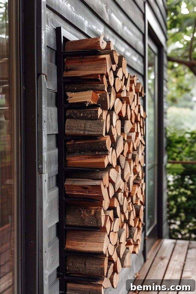 Outdoors storage wall unit with stacked firewood.