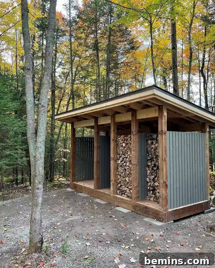 Outdoor space showcasing trees and a large metal and wooden firewood shed.