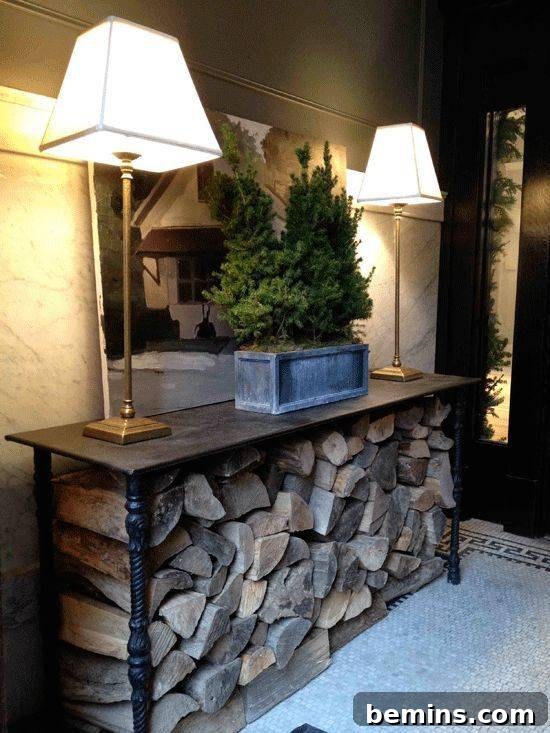 Hallway table with neatly stacked firewood underneath.