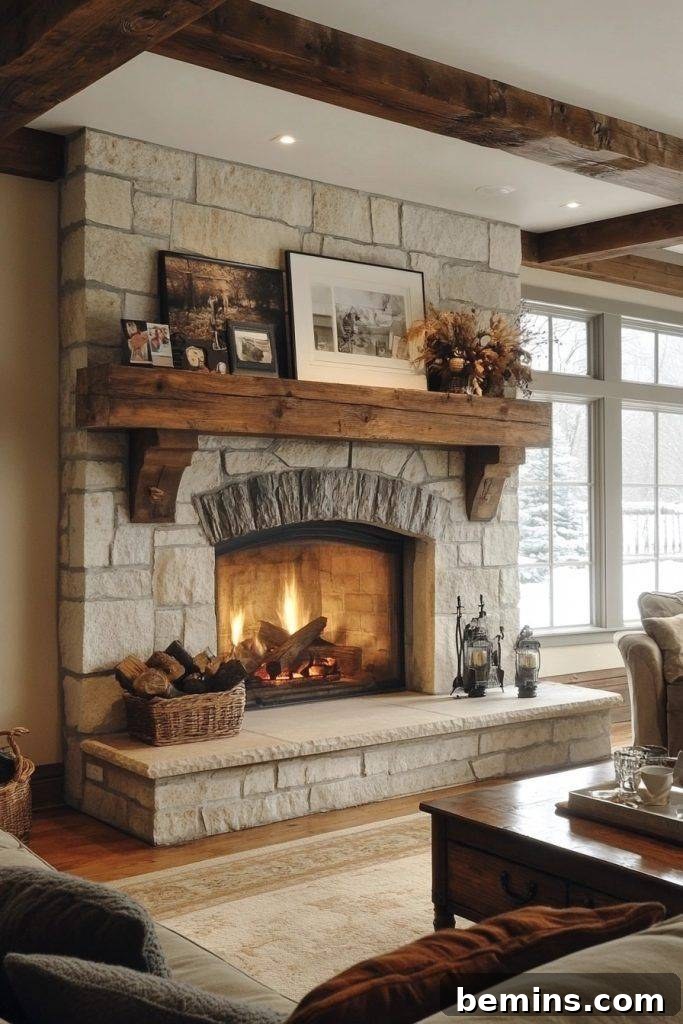Fireplace with a brown wicker basket filled with firewood beside it.