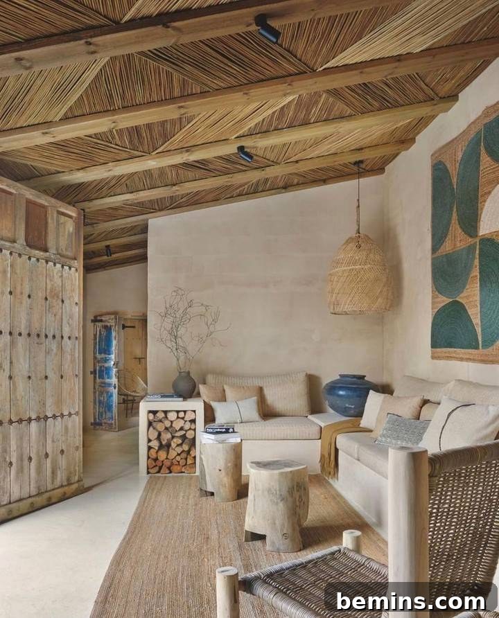 Firewood storage in a white end table positioned next to a couch.