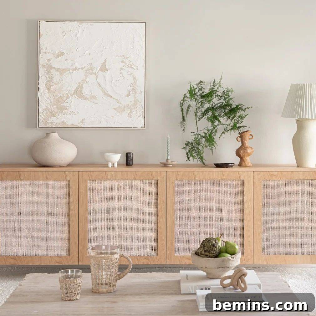 Striking IKEA BESTA Transformations for a Unique Home 2 Beige Ikea BESTA shelves combined and floating on living room wall