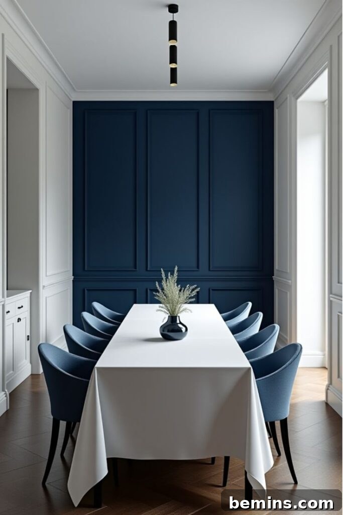 Inspiring Wainscoting: 15+ Dining Room Design Ideas 14 White dining room table with blue chairs and large wall of blue wainscoting