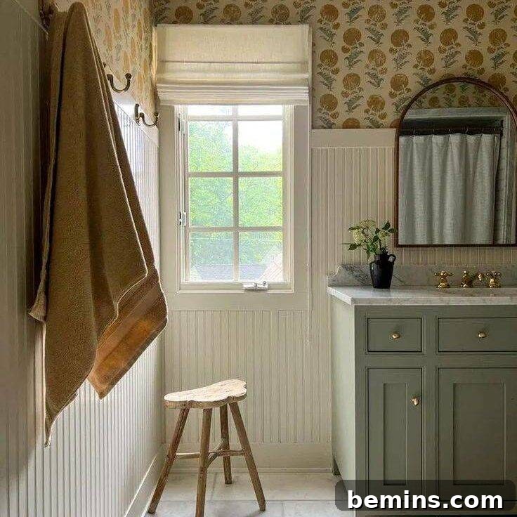 Inspiring Wainscoting: 15+ Dining Room Design Ideas 20 Cream colored bathroom with sage green sink and vertical wainscoting