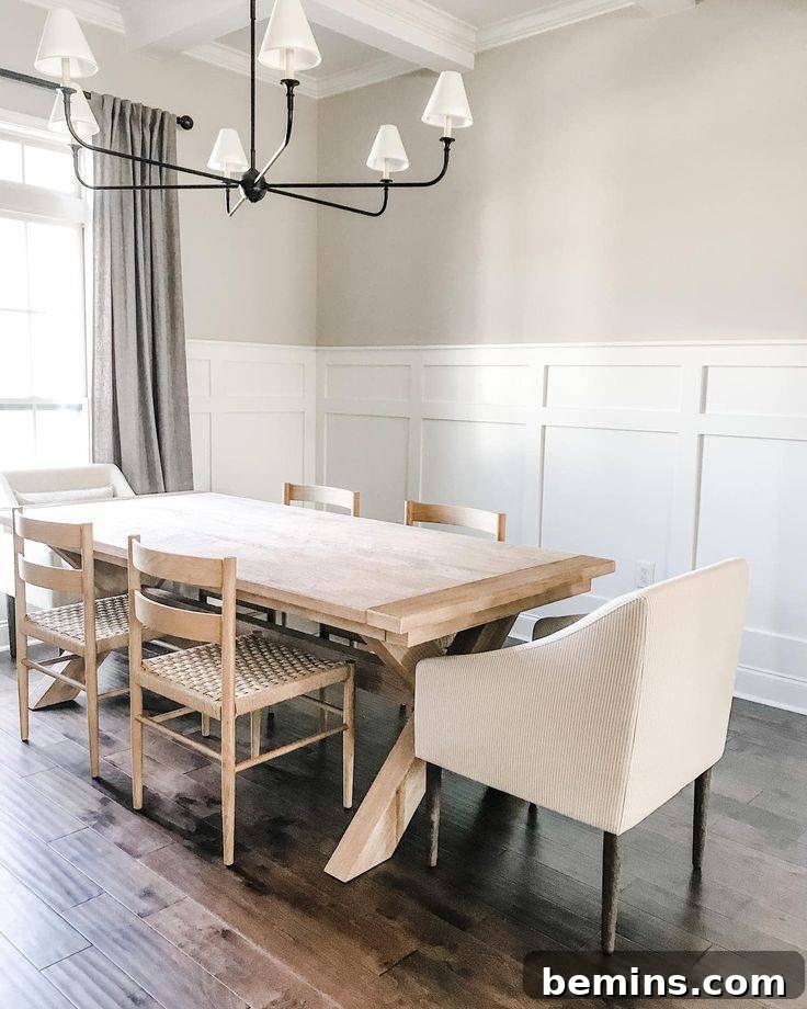 Inspiring Wainscoting: 15+ Dining Room Design Ideas 3 White wainscoting in dining room with light brown table