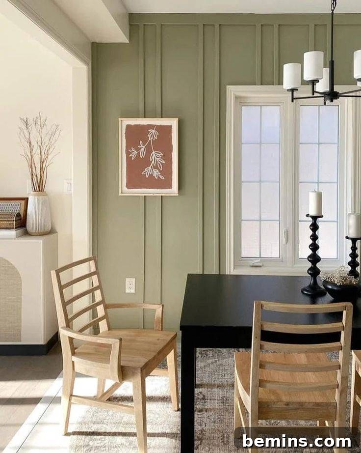 Inspiring Wainscoting: 15+ Dining Room Design Ideas 7 Dining room with green wall featuring batten wainscoting and large window