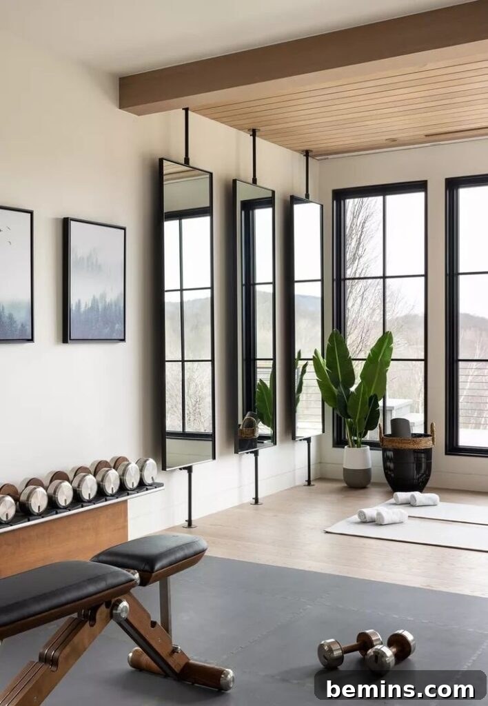 Elevate Your Workout Space: Inspiring Home Gym Designs 13 Full home gym in cream colored living room with weights and bench