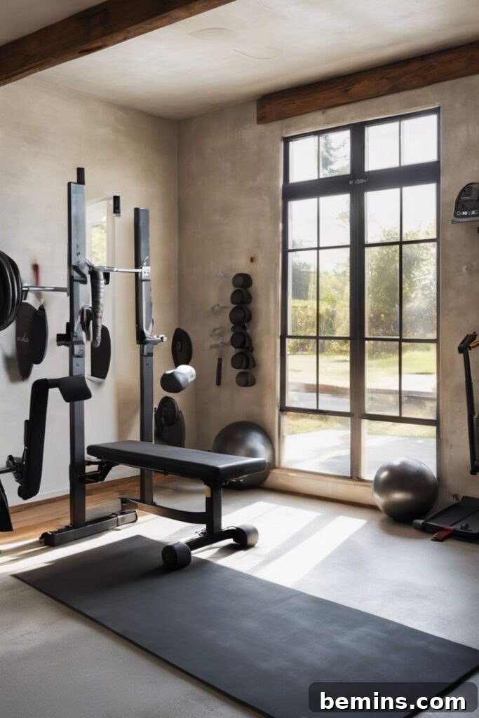 Elevate Your Workout Space: Inspiring Home Gym Designs 16 Home gym near large window with black weight bench