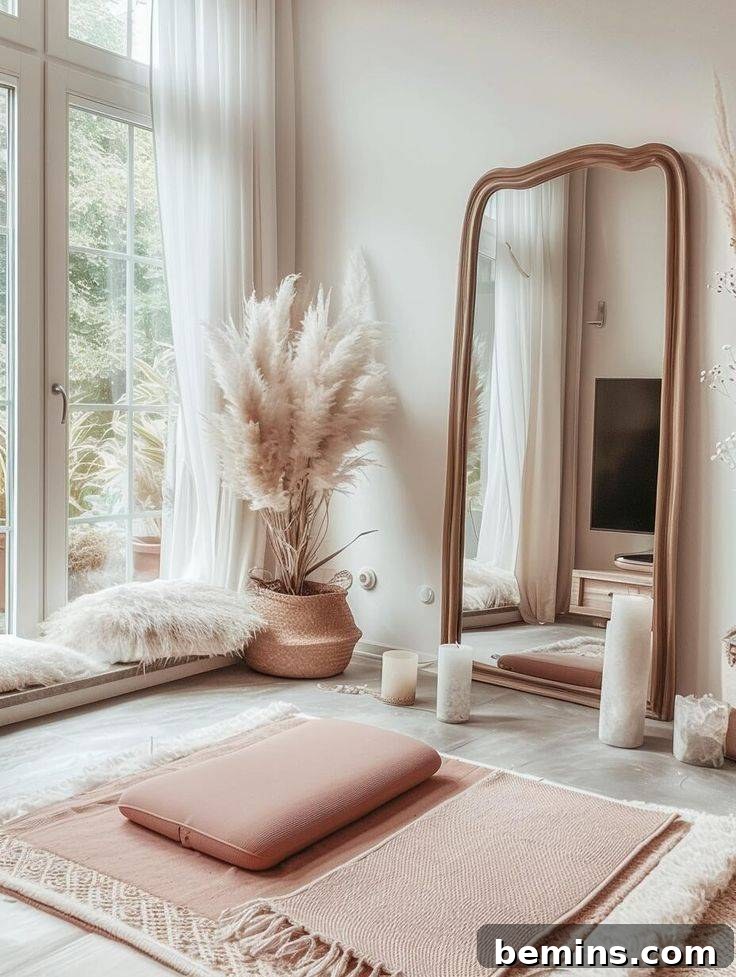 Elevate Your Workout Space: Inspiring Home Gym Designs 3 Pink yoga and meditation space in front of large mirror in bedroom