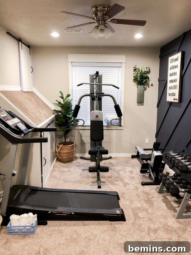 Elevate Your Workout Space: Inspiring Home Gym Designs 4 Small carpeted room with treadmill , bikes and weights