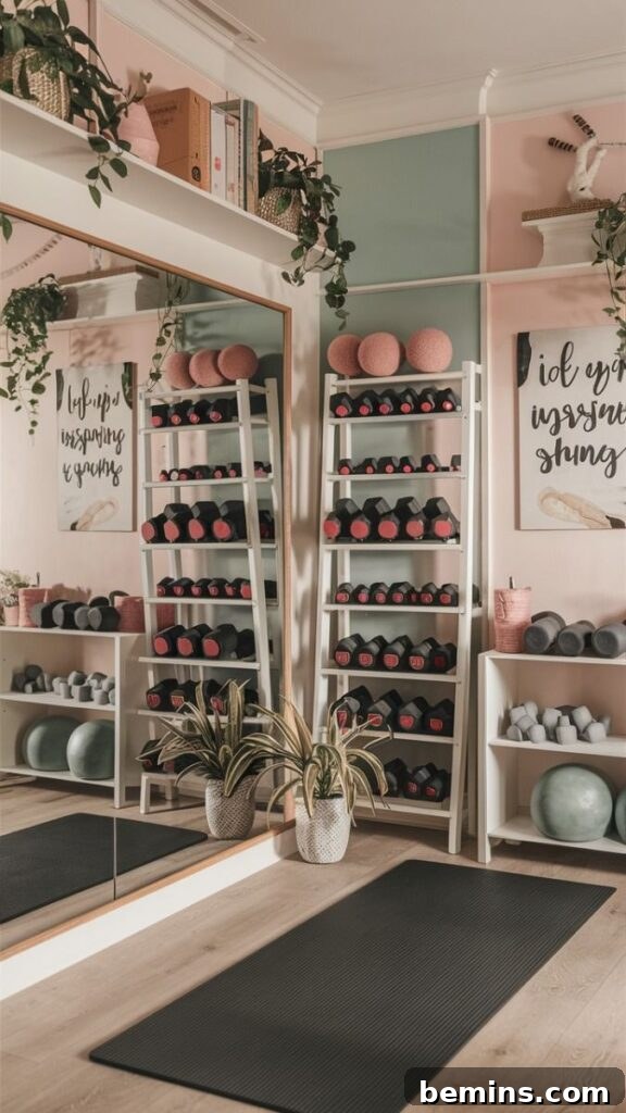 Elevate Your Workout Space: Inspiring Home Gym Designs 6 Weights and green yoga mat in a room with a mirror