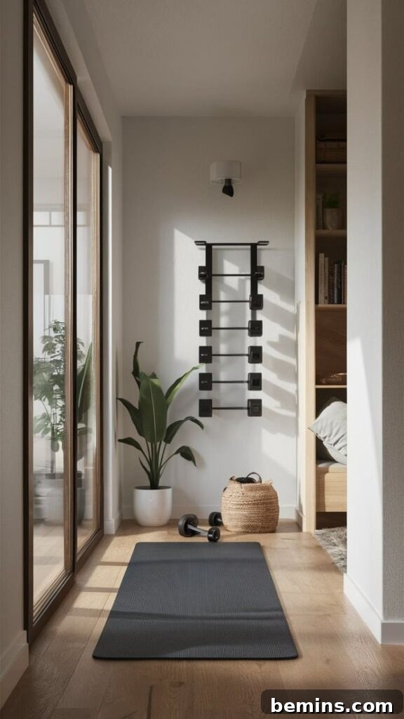 Elevate Your Workout Space: Inspiring Home Gym Designs 7 Large window with weights on wall and grey yoga mat