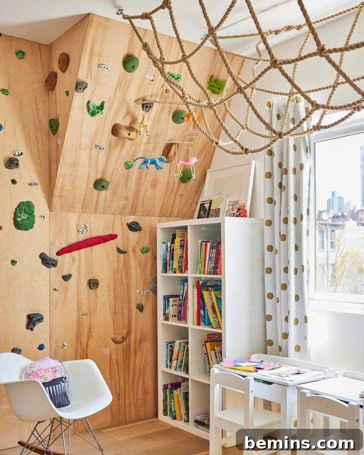 Elevate Your Workout Space: Inspiring Home Gym Designs 9 Climbing wall in kids bedroom with multi-colored rocks