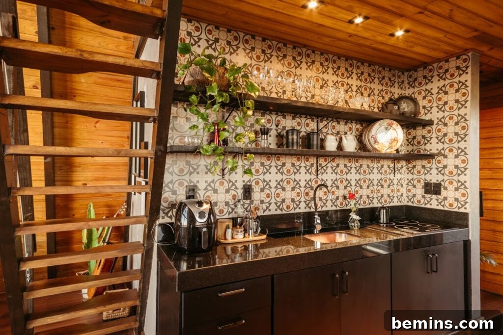 Charming kitchen with an ornate tile backsplash, wooden shelves, and modern appliances.