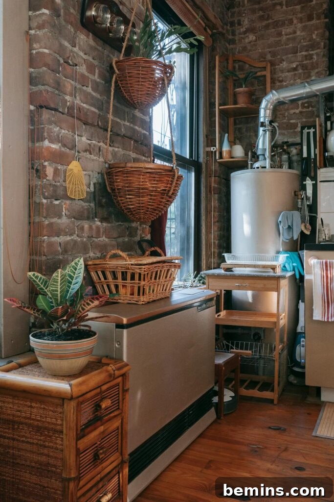 Charming rustic kitchen with exposed brick, vintage decor, and cozy furnishings.