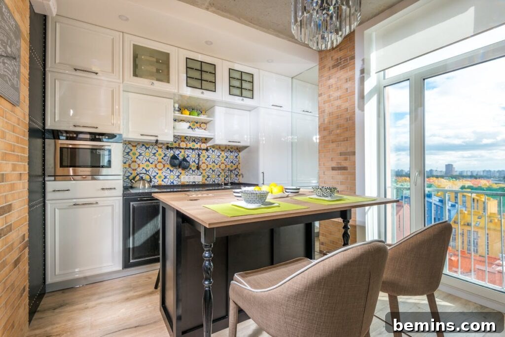 Contemporary kitchen with a brick wall, colorful backsplash, and a balcony view.