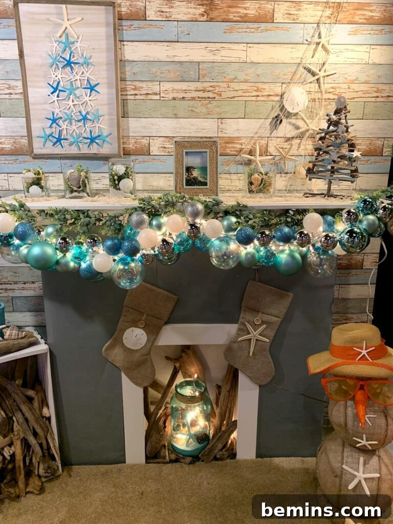 Command Strips Unleashed: Gallery Walls Without the Nail Holes 11 A festive coastal-themed Christmas mantel with decor hung using Command Strips, illustrating damage-free seasonal decorating.