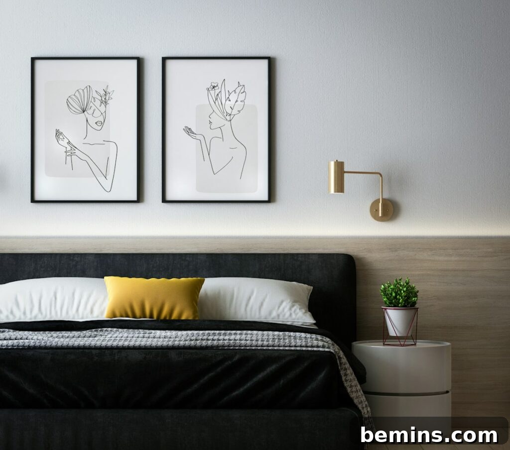 Command Strips Unleashed: Gallery Walls Without the Nail Holes 3 A bedroom scene illustrating how Command Strips can be used to hang art above a bed without damaging the wall.