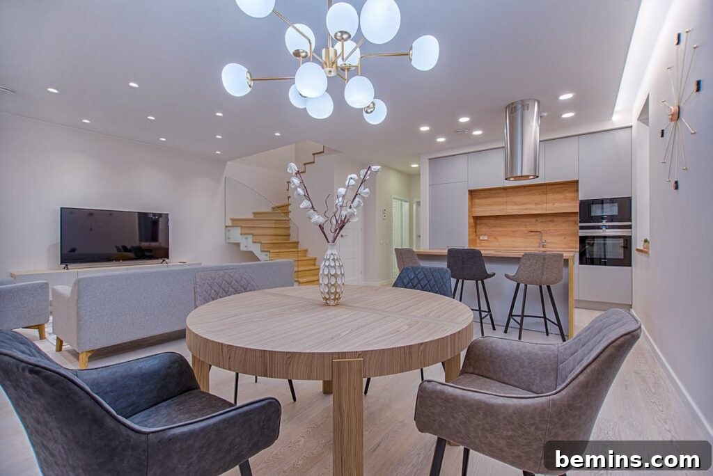 Stylish open-plan living room and kitchen with modern furnishings and lighting.